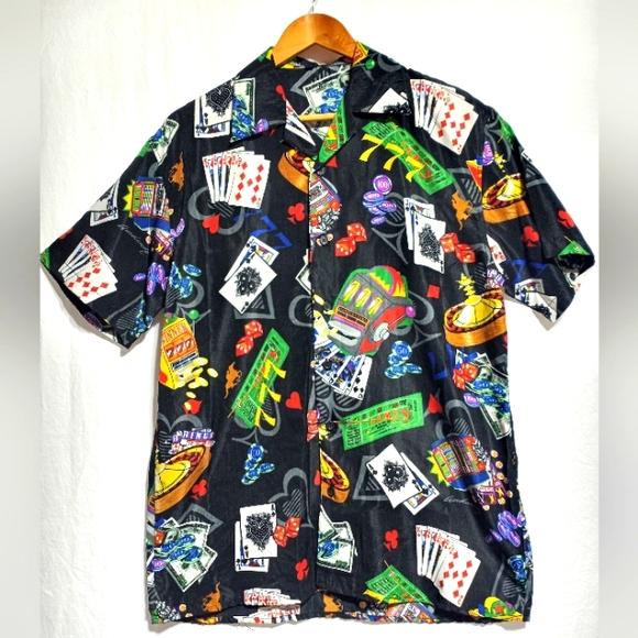 Scorpio Gambling Casino Short Sleeve Button Down Shirt Size Medium Black & Red - Picture 1 of 7